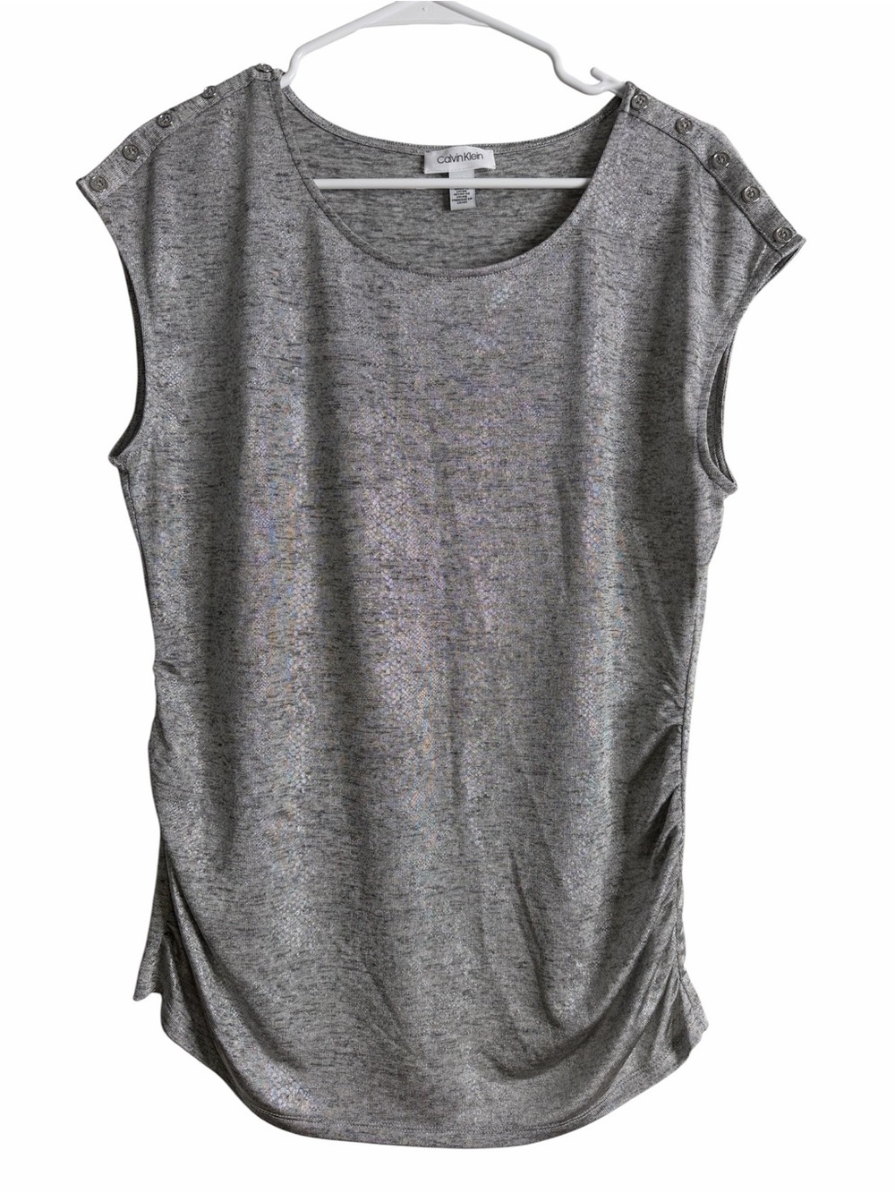 Calvin Klein Metallic Silver Ruched Sleeveless Top – Chic Modern Style Large